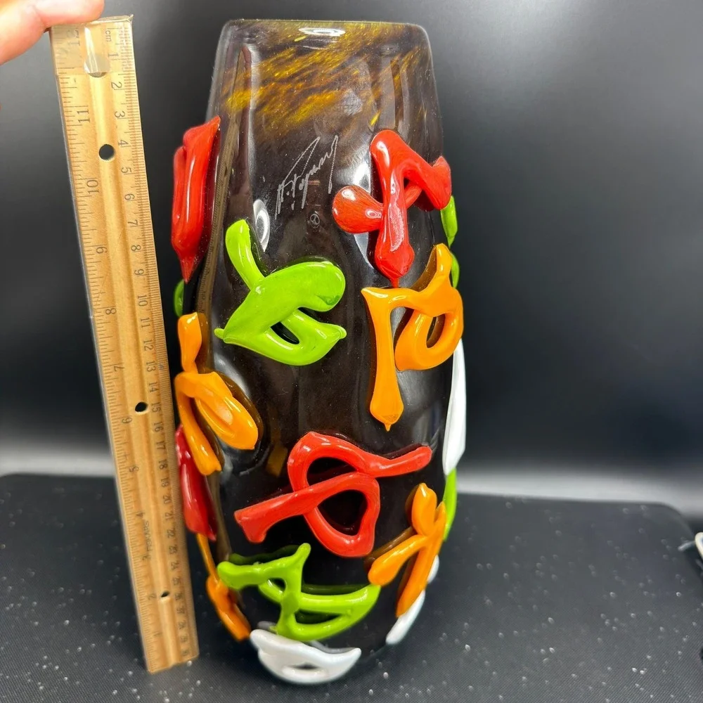 Mihai‎ Topescu Glass Vase 12inch Heavy Applied Ribbon Colorful Modern Decor
